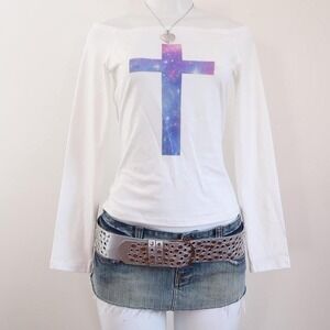 2010s galaxy cross off shoulder long sleeve tumblr grunge top m/L